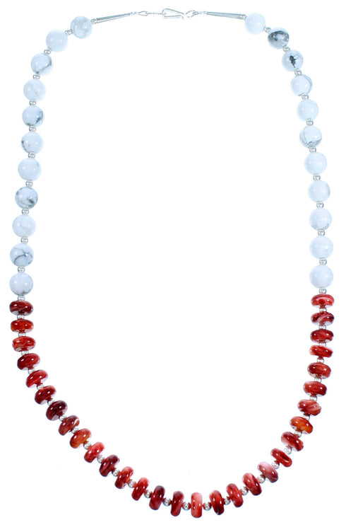 Howlite And Red Oyster Shell Sterling Silver American Indian Bead Necklace RX113956