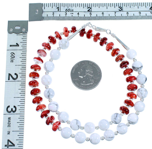 Howlite And Red Oyster Shell Sterling Silver American Indian Bead Necklace RX113956