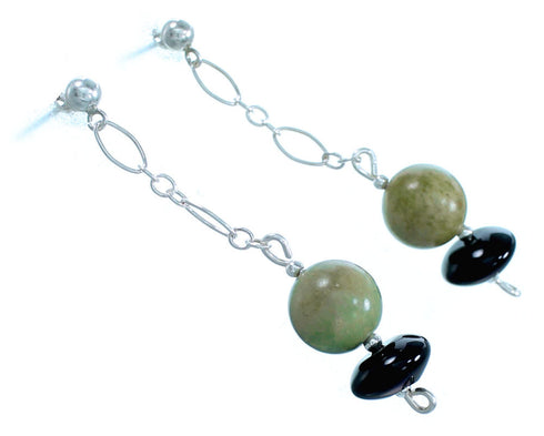 Turquoise And Onyx Sterling Silver Bead Post Dangle Earrings RX114078