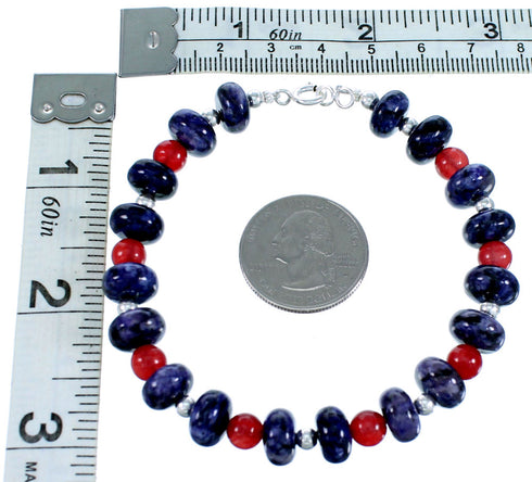 Charoite And Coral Sterling Silver Bead Bracelet SX114185