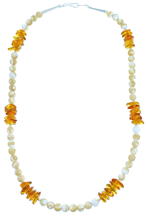 Sterling Silver Pineapple Jasper And Amber Southwest Bead Necklace RX114228