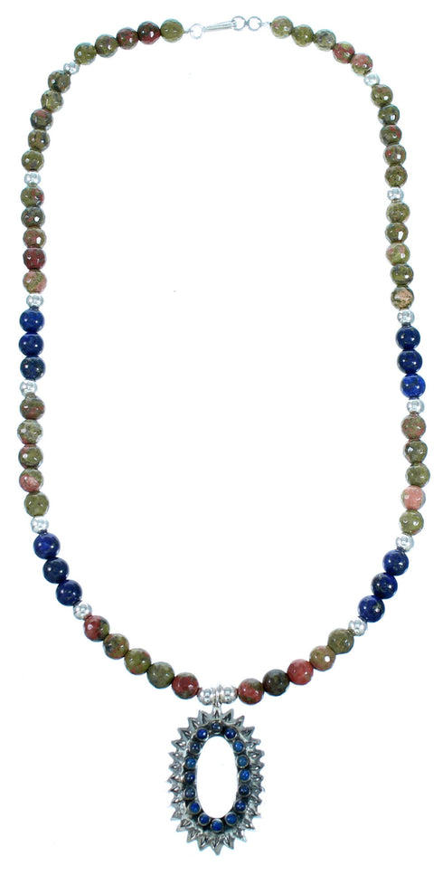 Sterling Silver Lapis Rhyolite Southwest Pendant Bead Necklace RX114247