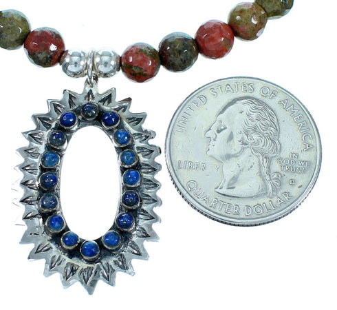 Sterling Silver Lapis Rhyolite Southwest Pendant Bead Necklace RX114247