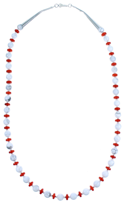 Howlite And Coral Genuine Sterling Silver Bead Necklace RX114263