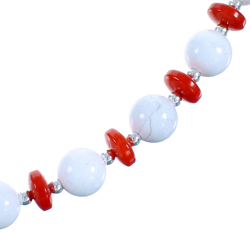 Howlite And Coral Genuine Sterling Silver Bead Necklace RX114263