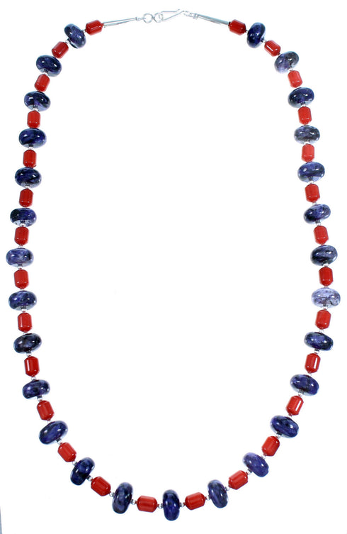 Coral And Charoite Sterling Silver Bead Necklace RX114269