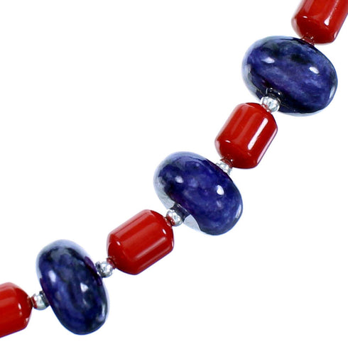 Coral And Charoite Sterling Silver Bead Necklace RX114269