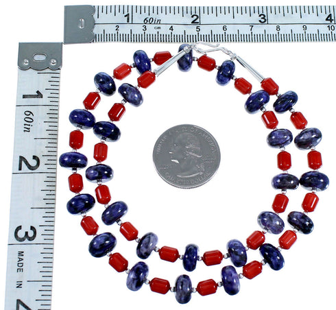 Coral And Charoite Sterling Silver Bead Necklace RX114269