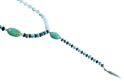Multicolor Genuine Sterling Silver Feather Lariat Bead Necklace RX114284