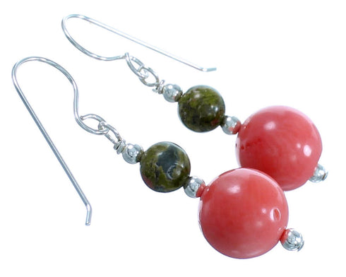 Pink Coral And Unakite Sterling Silver Bead Hook Dangle Earrings SX114368