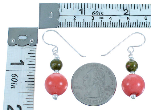 Pink Coral And Unakite Sterling Silver Bead Hook Dangle Earrings SX114368