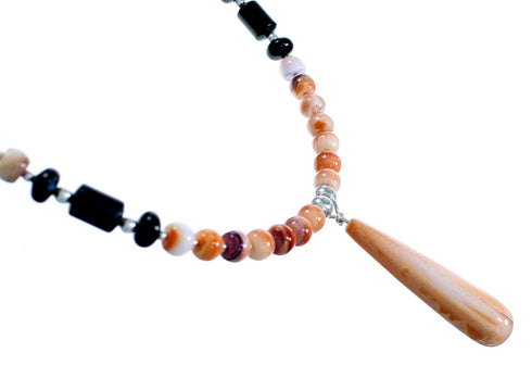 Oyster Shell And Onyx Sterling Silver Bead Necklace SX114400