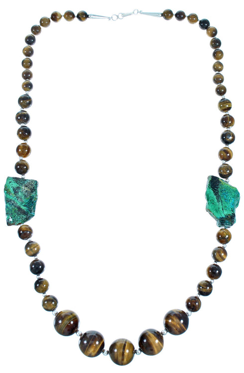 Chrysocolla Tiger Eye Sterling Silver Southwest Bead Necklace RX114452