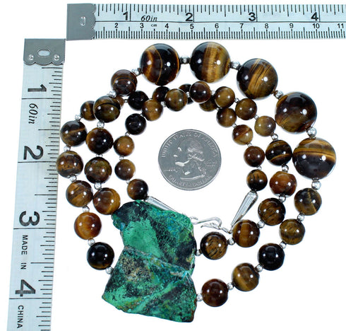 Chrysocolla Tiger Eye Sterling Silver Southwest Bead Necklace RX114452