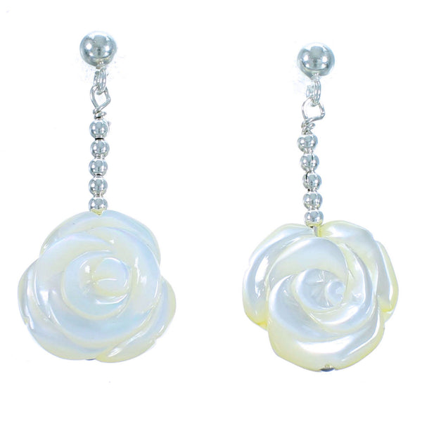Mother Of Pearl And Sterling Silver Flower Bead Post Dangle Earrings RX114466