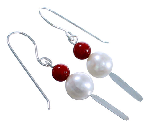 Sterling Silver Coral Fresh Water Pearl Bead Hook Dangle Earrings RX114475