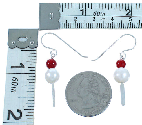 Sterling Silver Coral Fresh Water Pearl Bead Hook Dangle Earrings RX114475