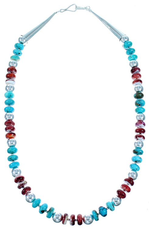 Turquoise And Red Oyster Shell Sterling Silver Bead Necklace SX114480