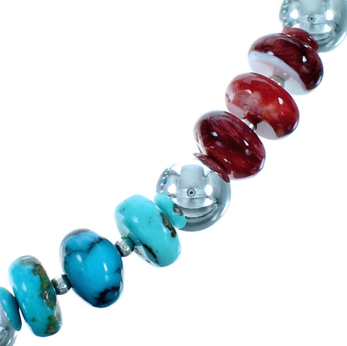 Turquoise And Red Oyster Shell Sterling Silver Bead Necklace SX114480