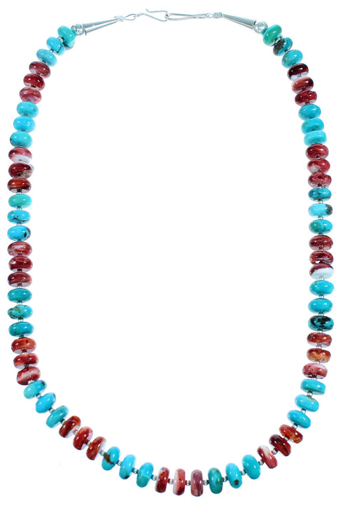 Sterling Silver Turquoise And Red Oyster Shell Bead Necklace SX114481