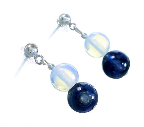 Kyanite And Opalite Sterling Silver Bead Post Dangle Earrings SX114506