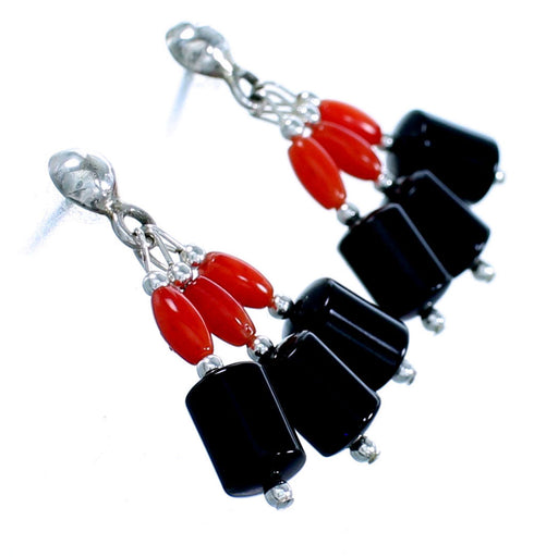 Coral And Onyx Sterling Silver Southwestern Bead Post Dangle Earrings LX114549