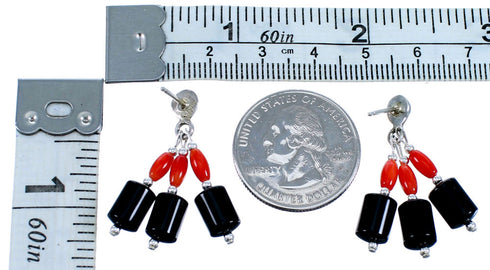 Coral And Onyx Sterling Silver Southwestern Bead Post Dangle Earrings LX114549