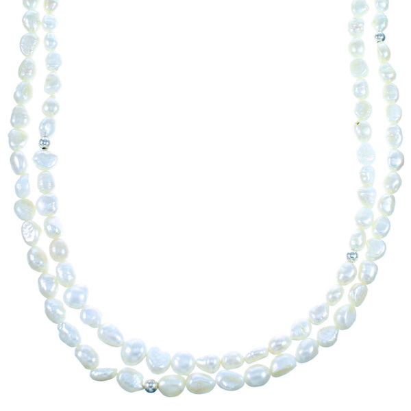 Sterling Silver Freshwater Pearl 2-Strand Extra Long Claspless Bead Necklace LX114554