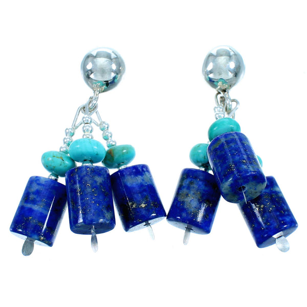 Southwest Sterling Silver Turquoise And Lapis Post Dangle Bead Earrings LX114594