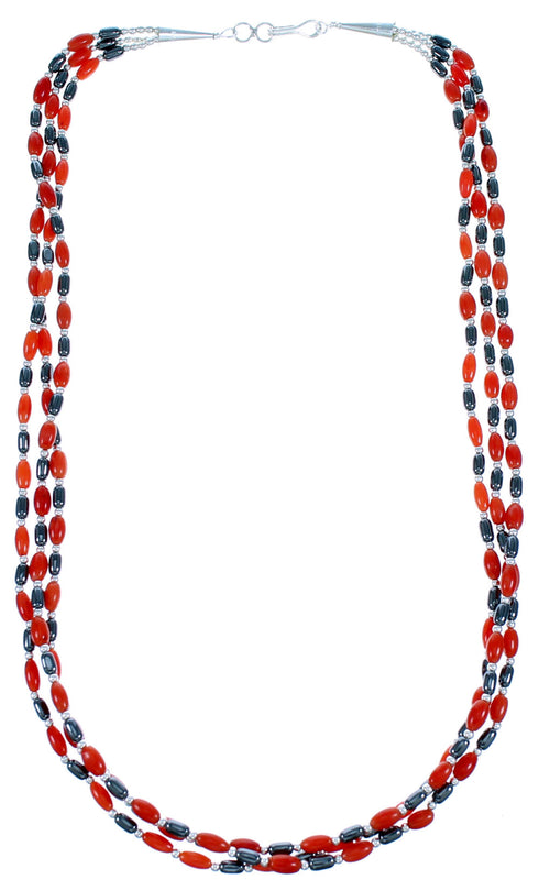 Coral And Hematite Sterling Silver 3-Strand Bead Necklace SX114678