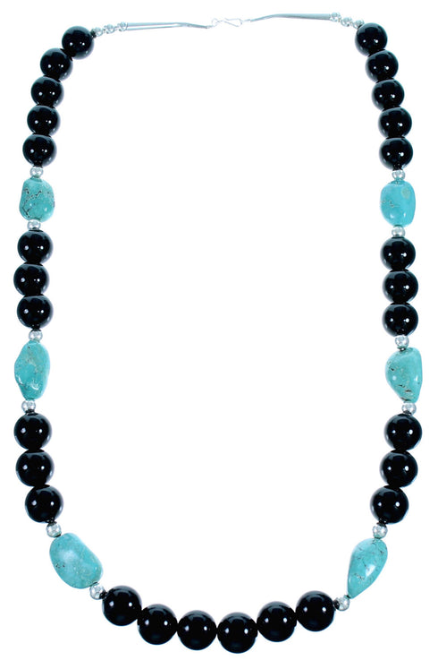 Sterling Silver Onyx And Turquoise Bead Necklace SX114658