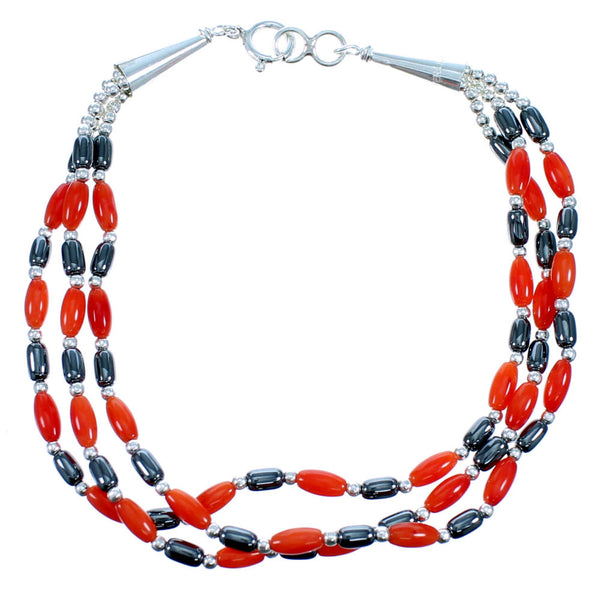 Coral And Hematite Sterling Silver 3-Strand Bead Bracelet SX114687