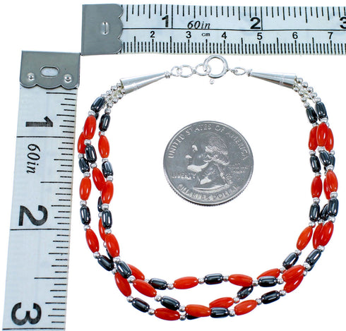 Coral And Hematite Sterling Silver 3-Strand Bead Bracelet SX114687