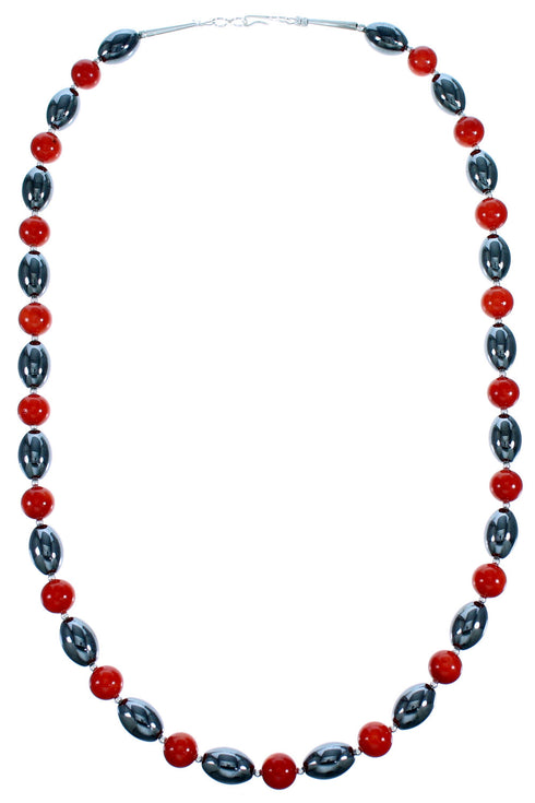 Southwest Hematite And Coral Sterling Silver Bead Necklace RX114734
