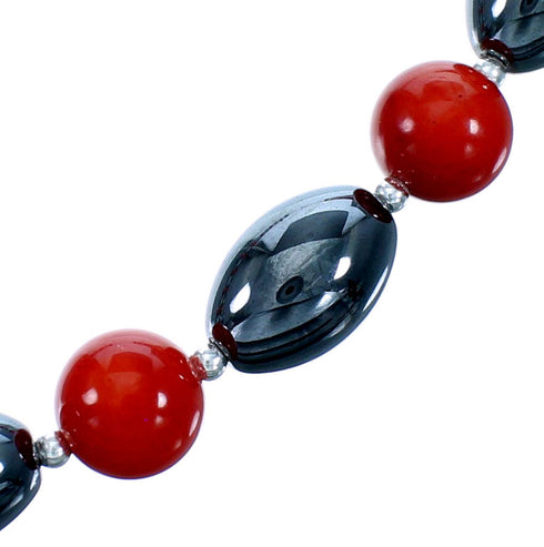 Southwest Hematite And Coral Sterling Silver Bead Necklace RX114734