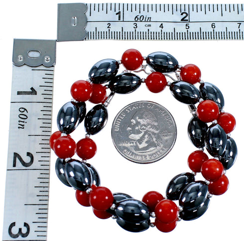 Southwest Hematite And Coral Sterling Silver Bead Necklace RX114734