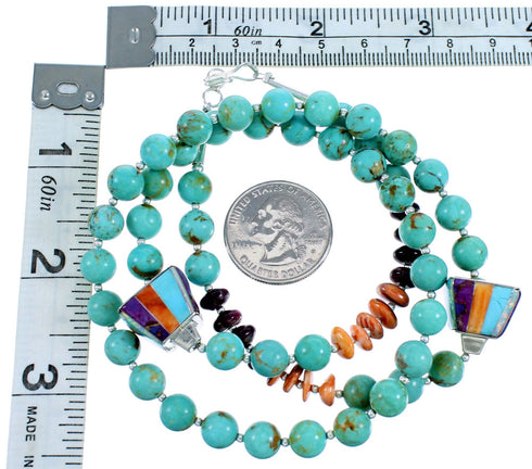 Authentic Sterling Silver Turquoise Multicolor Inlay Bead Necklace RX114740