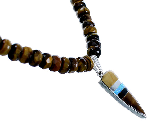 Genuine Sterling Silver Multicolor Inlay Pendant Bead Necklace RX114744