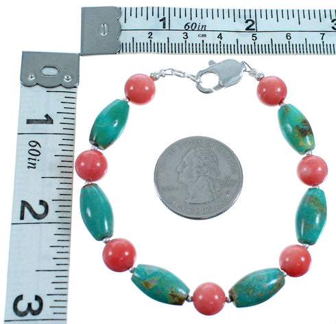 Turquoise Pink Coral Genuine Sterling Silver Bead Bracelet RX114790
