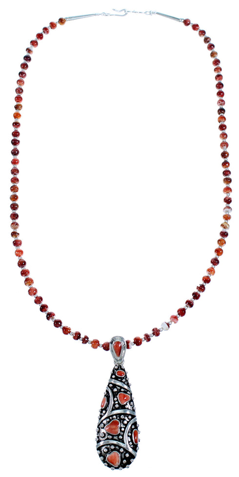 Red And Orange Oyster Shell Sterling Silver Bead Necklace Set RX114796