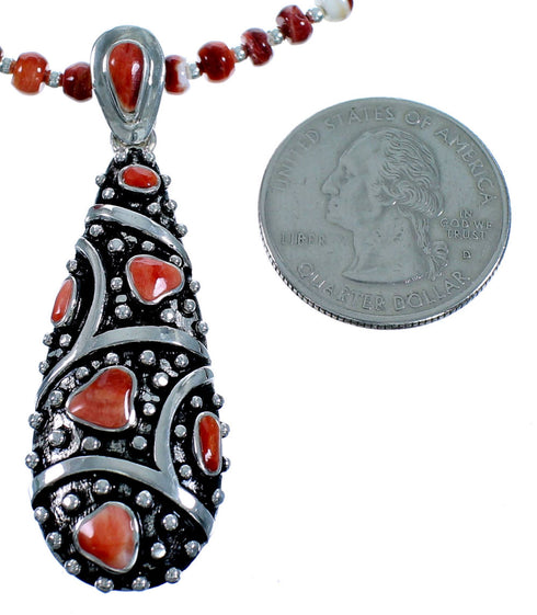 Red And Orange Oyster Shell Sterling Silver Bead Necklace Set RX114796