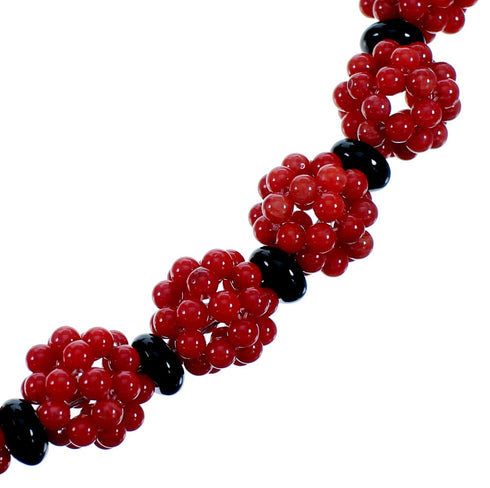 Southwest Coral Onyx Sterling Silver Bead Necklace RX114804