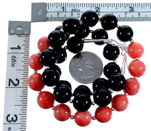 Sterling Silver Pink Coral And Onyx Southwest Bead Necklace SX114868