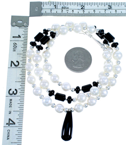 Onyx And Fresh Water Pearl Sterling Silver Tear Drop Bead Necklace SX114860