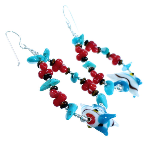Multicolor Sterling Silver Tropical Fish Bead Hook Dangle Earrings RX114906