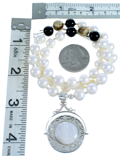 Multicolor Sterling Silver Bead Necklace And Reversible Pendant Set SX115054