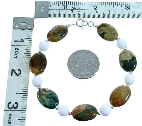 White Agate Rhyolite Authentic Sterling Silver Bead Bracelet RX115105