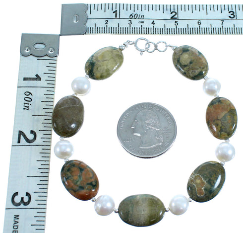 Rhyolite Fresh Water Pearl Sterling Silver Bead Bracelet RX115106