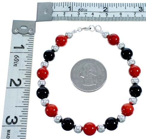 Coral And Onyx Sterling Silver Bead Bracelet SX115162