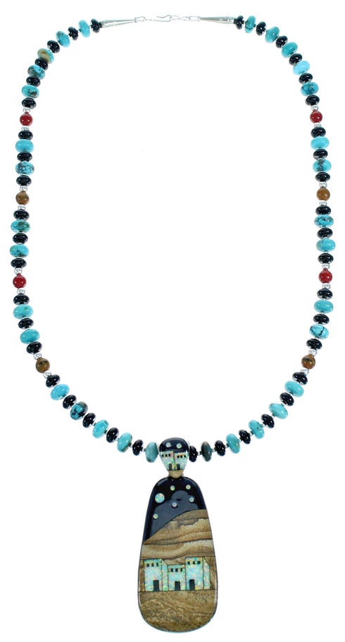 Native American Village Design Multicolor Inlay Sterling Silver Necklace Set RX115216